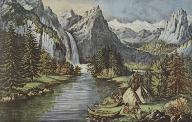 Yosemite-Tal - Kalifornien, Der Brautschleierfall, veröffentlicht 1866, Currier & Ives